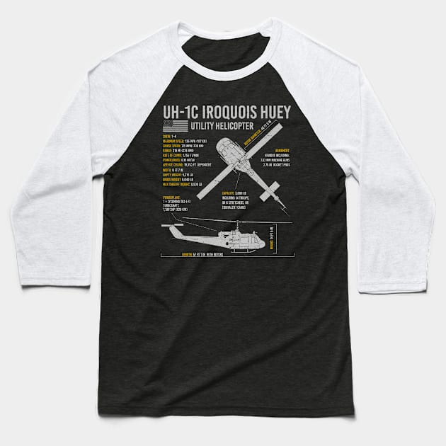 UH-1 Iroquois Huey US Army Military Helicopter Blueprint Baseball T-Shirt by BeesTeez